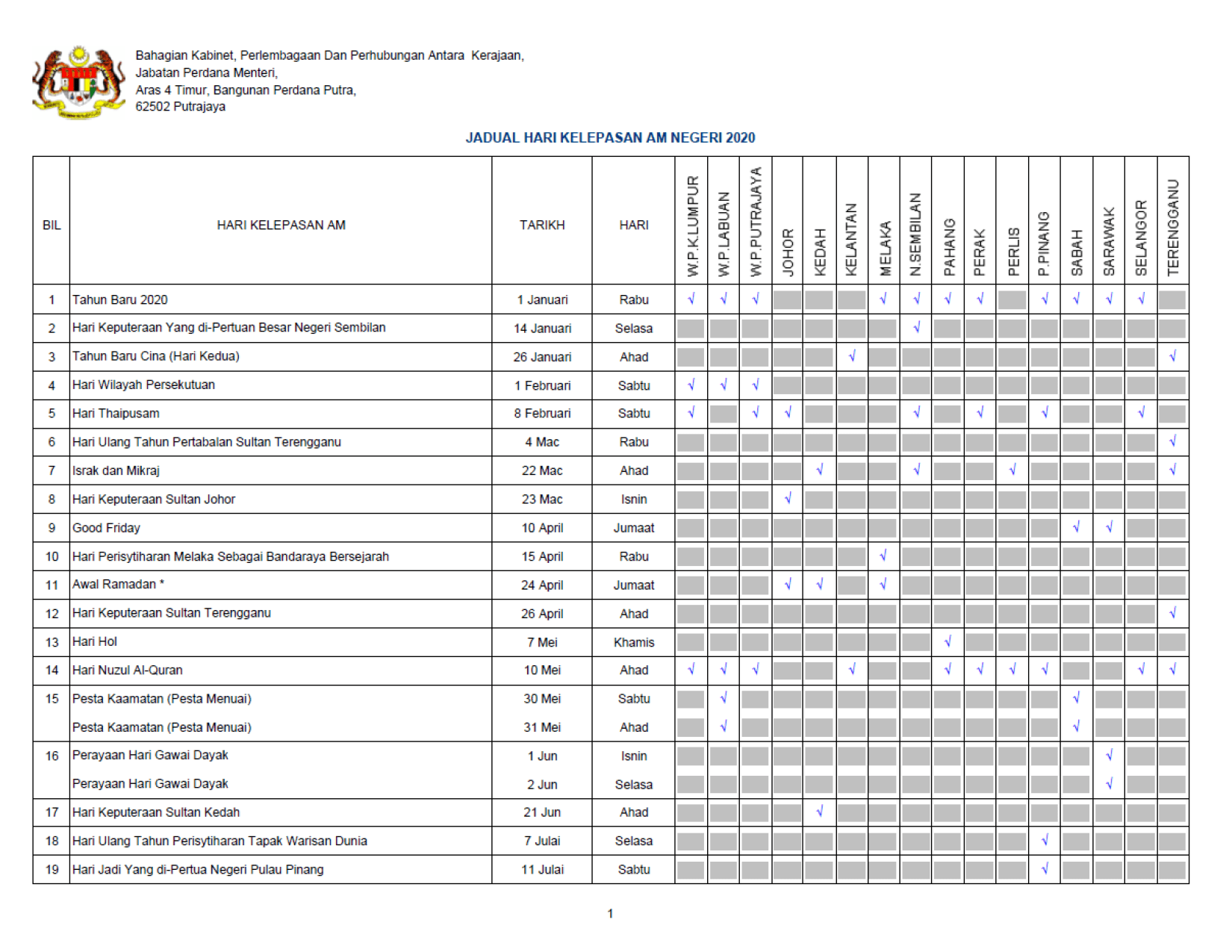Jadual Hari Kelepasan Am 2020 - Pejabat Perdana Menteri 
